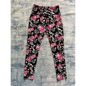 Eluminary Black Rose Pink Floral Print Leggings w Pockets Fits Sizes 10 - 18